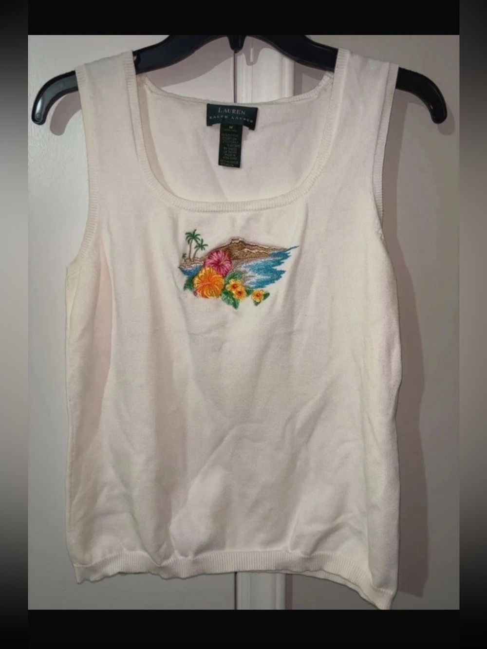Ralph Lauren White Tank Top with Tropical Embroidery